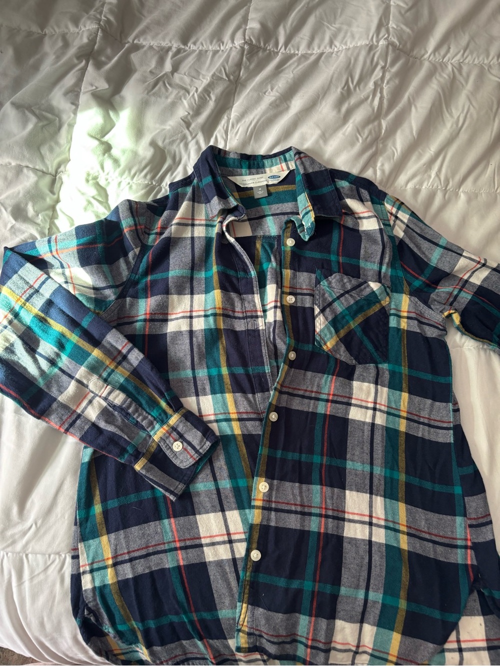 Old Navy Navy, Women’s Green & White Plaid Classic Button-Down Flannel Shirt